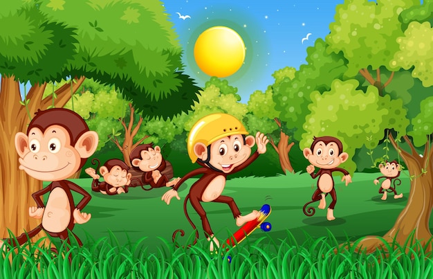 Free vector forest scene with funny monkeys cartoon