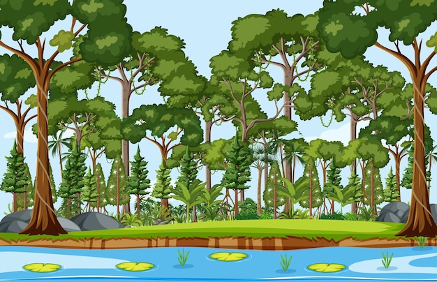 Free vector forest scene with pond and many trees