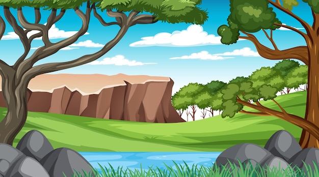 Бесплатное векторное изображение Лесная сцена с различными лесными деревьями и обрывом