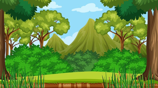 Forest scene with various forest trees and mountain background