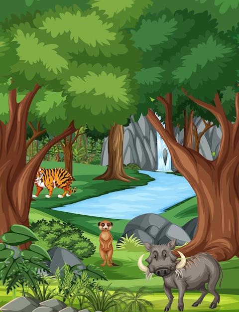 Free vector forest scene with various wild animals