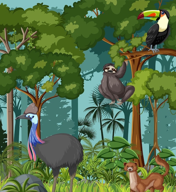 Бесплатное векторное изображение Лесная сцена с дикими животными