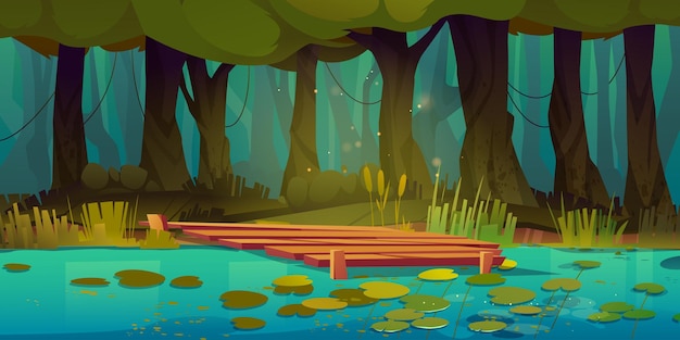 Forest swamp with wooden pier cartoon vector illustration of summer fantasy spooky landscape with trees water lilies and bog in pond and wharf jungle lake game scene with green grass and plants