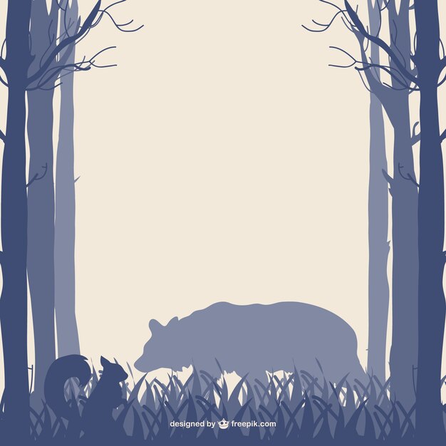 Forest trees bear and squirrel silhouettes