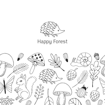숲 벡터 일러스트 레이 션 가로 배너입니다. 숲 동물 카드입니다.
