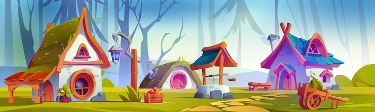 Free Vector forest village or valley with fairytale houses