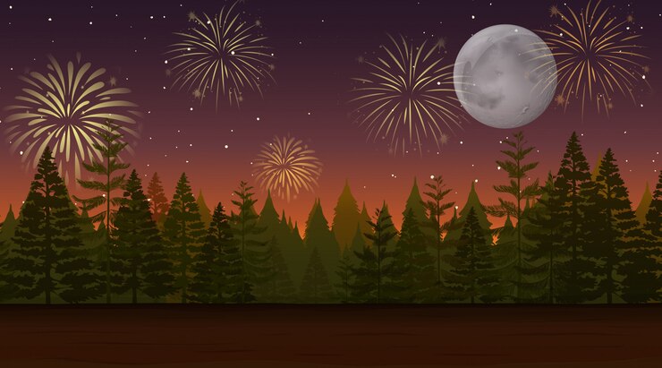 Free Vector forest with celebration fireworks scene