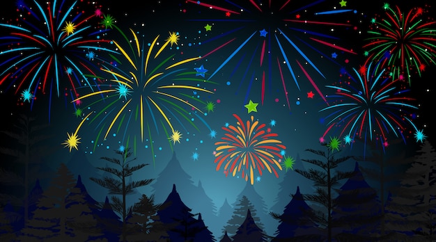 Vettore gratuito foresta con scena di fuochi d'artificio celebrazione