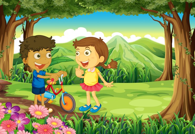 Free Vector a forest with kids and a bike