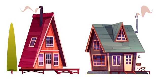 森の木造小屋の家分離漫画ベクトル セット白い背景の上の夏の木の小屋の建物村のファンタジー小屋のホーム アイコンポーチ ロッジの屋根とドアを持つ素朴なコテージの描画