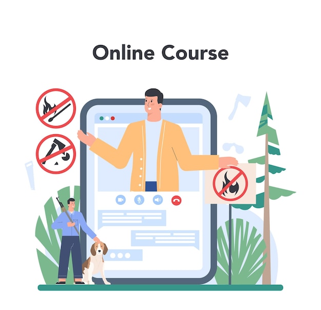 Forester online service or platform wood protection and rehabilitation forest ranger taking care of wildlife online course isolated flat vector illustration