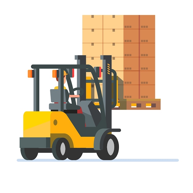 Forklift truck carrying a stacked boxes pallet
