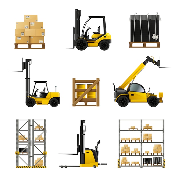 Free vector forklift and warehouse realistic icons set