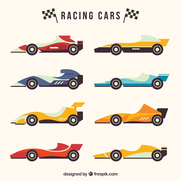 Бесплатное векторное изображение Коллекция гоночных автомобилей формулы 1 с плоским дизайном