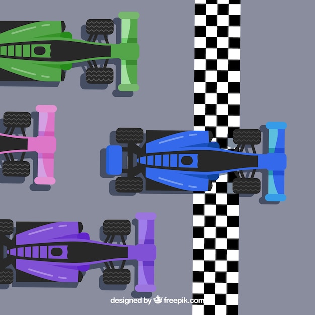 トップビューでフィニッシュラインにあるF1レーシングカー