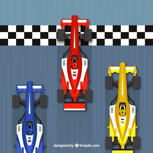 Formula 1 racing cars at the finish line with top view