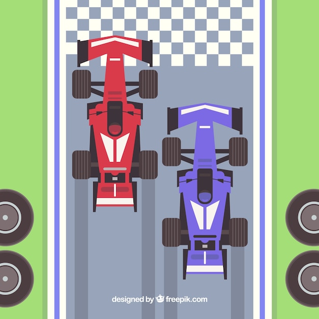 Free vector formula 1 racing cars at the finish line with top view