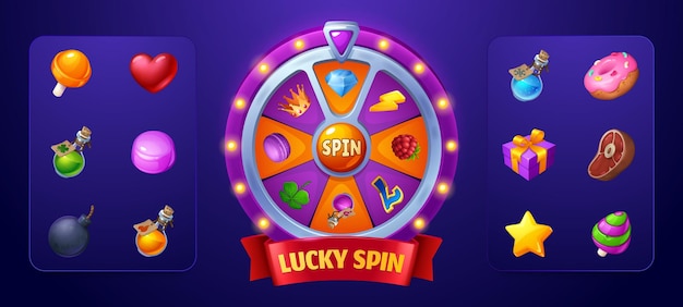 Vettore gratuito fortune wheel spin ui game vector lottery design lucky roulette con caramelle isolate star bomb potion e donut regalo bonus per il vincitore online circle jackpot box con slot di successo vicino alla freccia