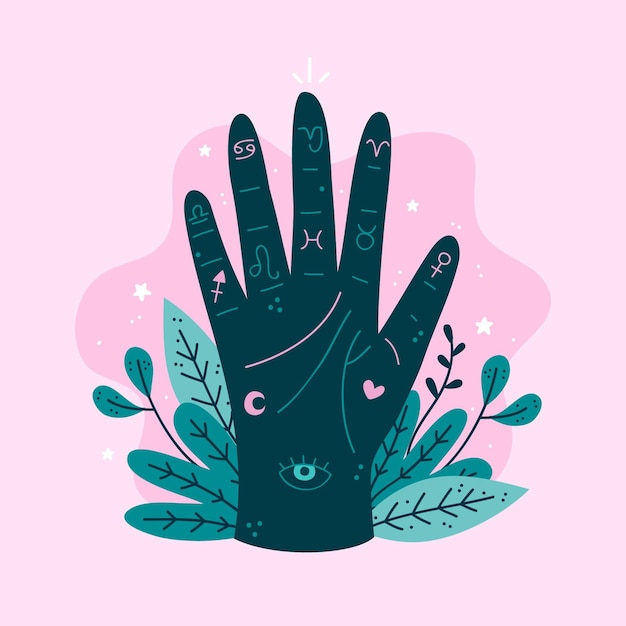 Free vector fortune teller hand with palmistry diagram and leaves