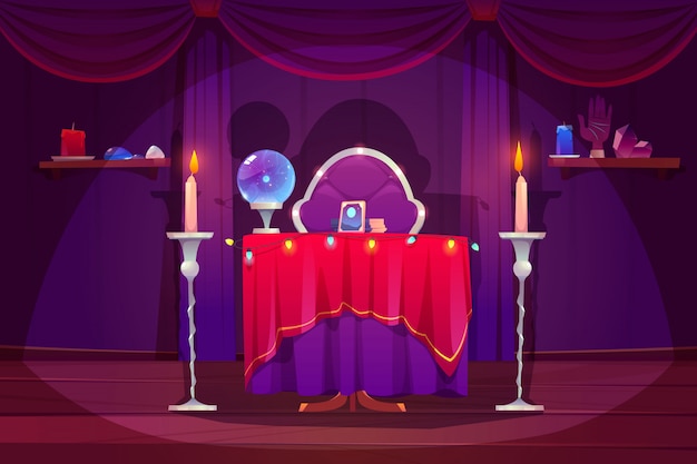 Fortune teller room with magic ball, tarot cards