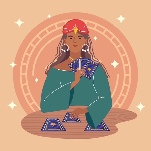 Fortune teller woman with cards character