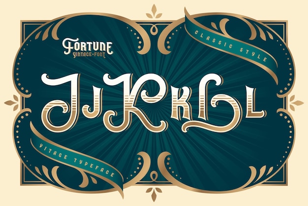 Free vector fortune vintage vector font set with decorative design elements, letters j, k, l