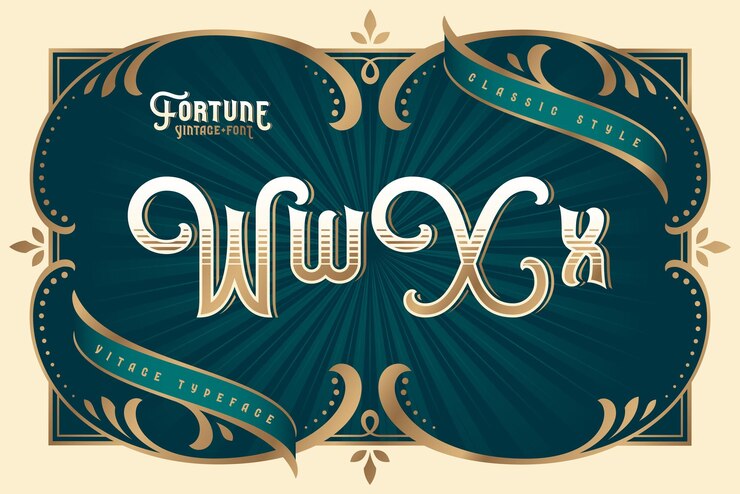Free Vector fortune vintage vector font set with decorative design elements, letters w, x