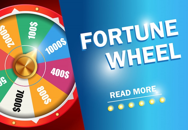 Free vector fortune wheel read more inscription on blue background. casino business advertising