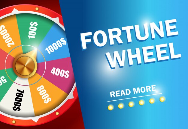 Fortune wheel read more inscription on blue background. Casino business advertising