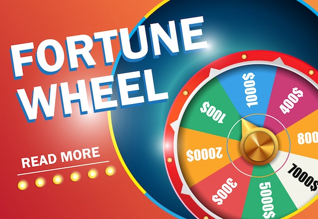 Fortune wheel read more lettering on red background. Casino business advertising
