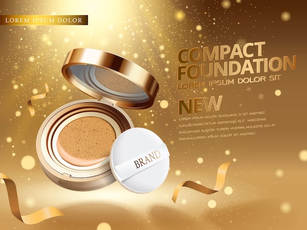 Foundation product ad with glittering dusts fills the air