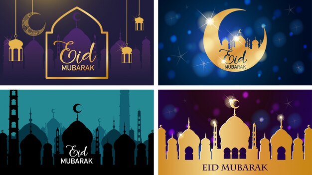 이슬람 축제 Eid Mubarak의 4 가지 배경 디자인