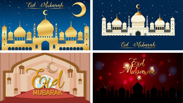 이슬람 축제 Eid Mubarak의 4 가지 배경 디자인