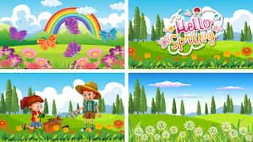 Бесплатное векторное изображение Четыре фоновые сцены с детьми и животными в парке