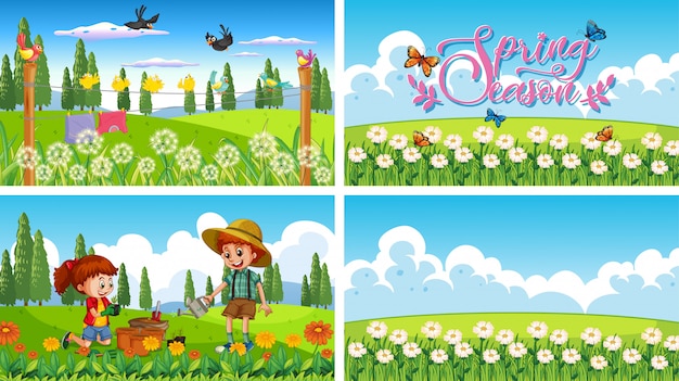 Four background scenes with children and animals in the park