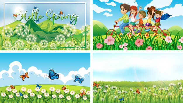 Four background scenes with children and animals in the park