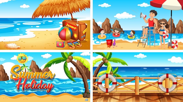 Four background scenes with people on the beach