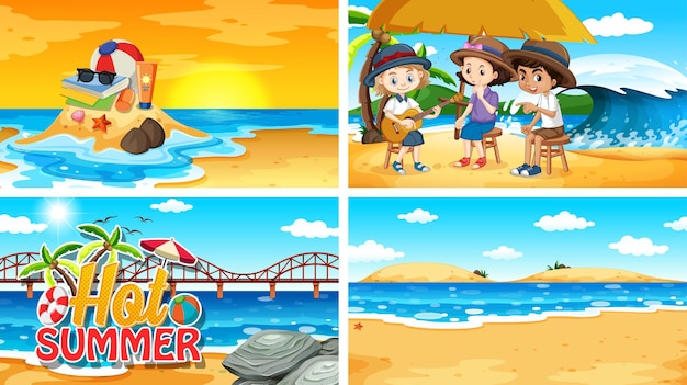 Quattro scene di sfondo con l'estate sulla spiaggia