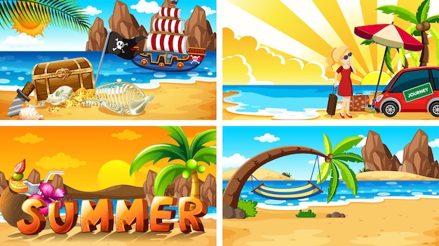 Free vector four background scenes with summer on the beach