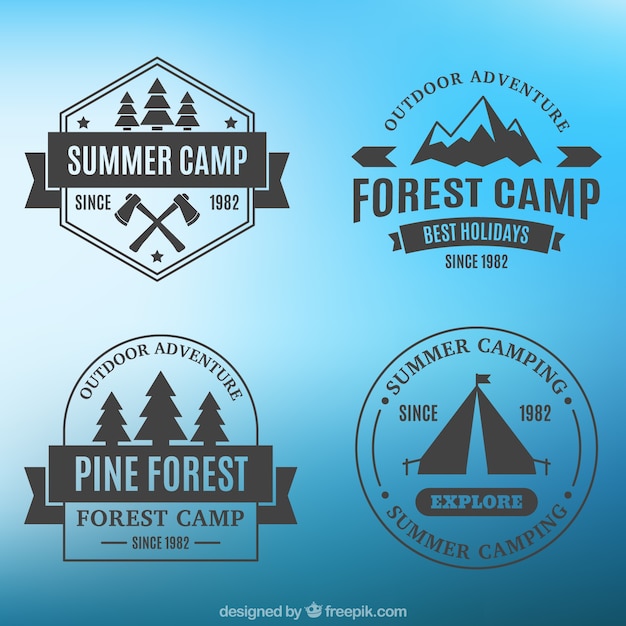 Free vector four badges of camping on a blue background