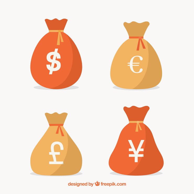 Free Vector four bags of money with different currencies