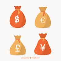 Бесплатное векторное изображение Четыре мешка денег с разными валютами