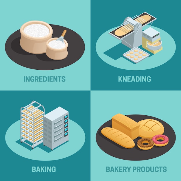 Four bakery factory isometric icon set