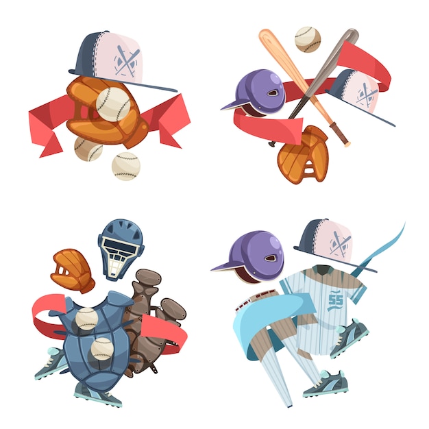 Четыре бейсбольных инвентаря с декоративными иконками в стиле ретро с летучей мышью