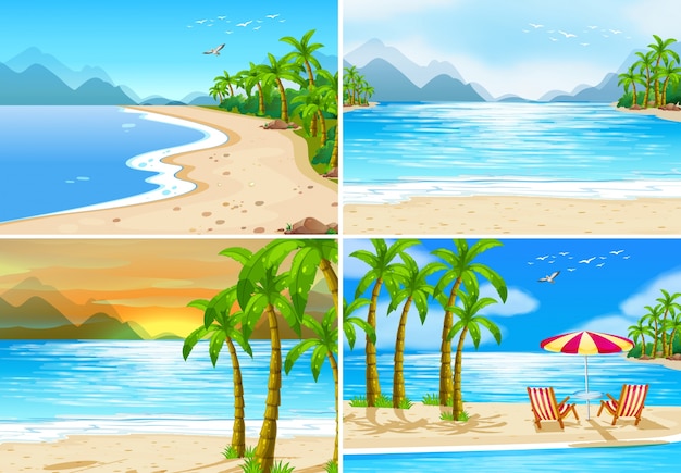 Four beach scenes in different time of the day