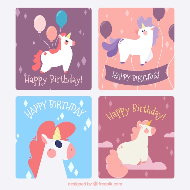 Free vector four birthday cards with funny unicorns