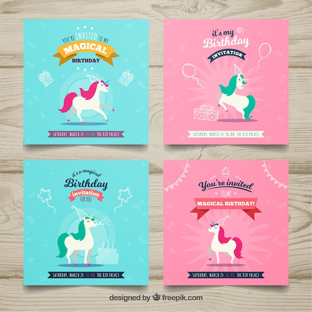 Free vector four birthday cards with unicorns