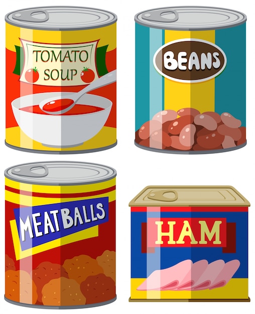 Free vector four canned food on white background illustration