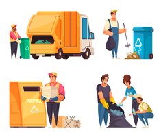 Free vector four cartoon compositions set with happy people collecting and sorting garbage isolated on white background vector illustration