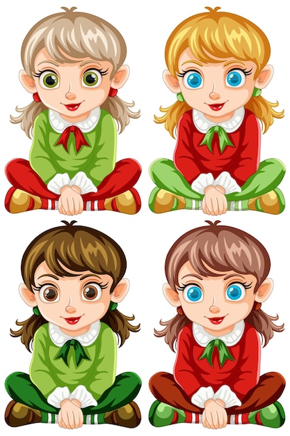 Free vector four cartoon girls in festive attire